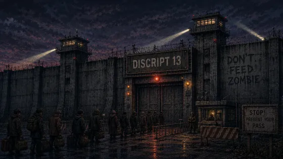 Quarantine zone gates under searchlights