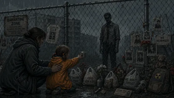 A woman and a child at the wire fence
