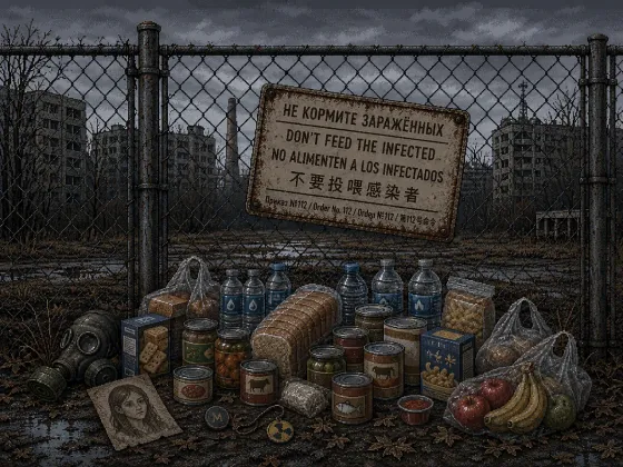 A pile of food under a “Do not feed the infected” sign