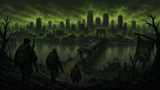 Survivors walking toward a city green with infection